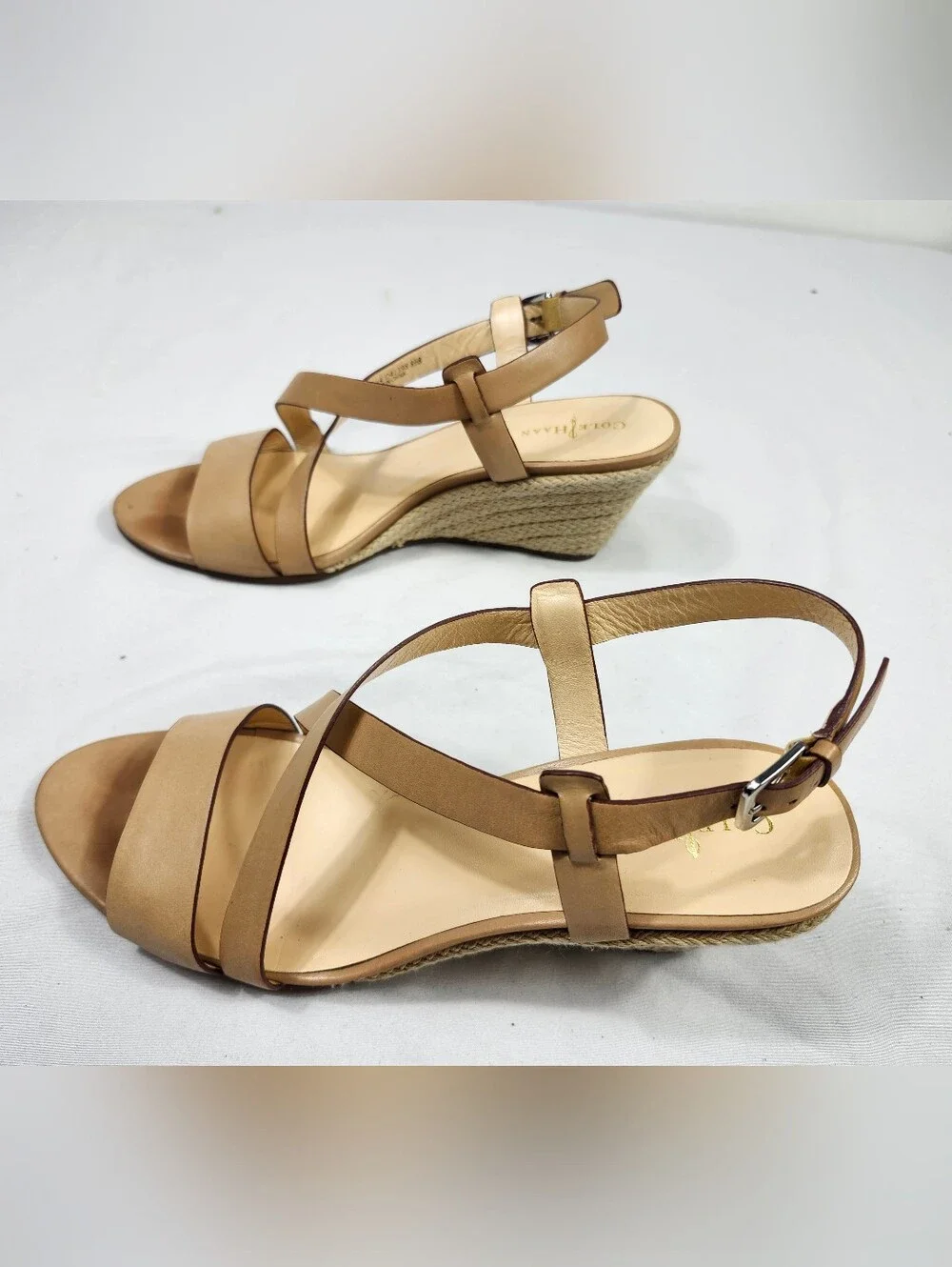 Cole Haan Womens 8.5 B Tan Leather Cross-Strap Wedge Yarn Sandals